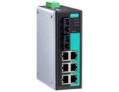 EDS-308-MM-SC - Industrial Unmanaged Ethernet Switch with 6 10/100BaseT(X) ports, 2 multi mode 100BaseFX ports, SC connector by MOXA