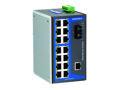 EDS-316-M-SC - Industrial Unmanaged Ethernet Switch with 15 10/100BaseT(X) ports, 1 multi mode 100BaseFX port, SC connector by MOXA