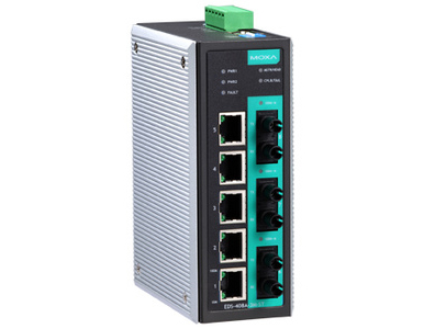 EDS-408A-3M-ST-T - Entry-level managed Ethernet switch with 5 10/100BaseT(X) ports, and 3 100BaseFX multi-mode ports with ST con by MOXA