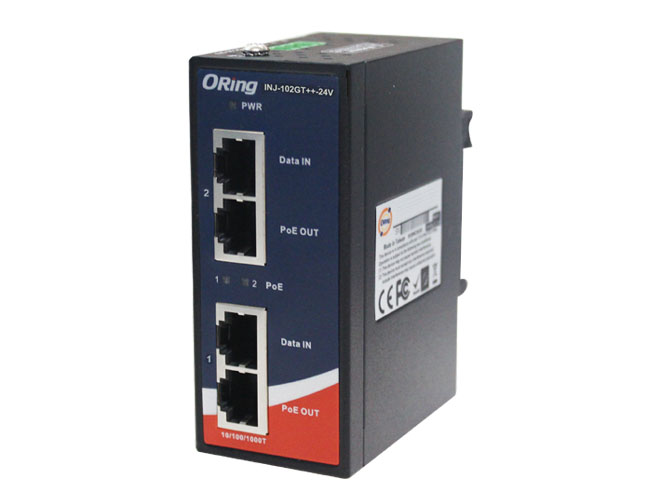 INJ-102GT++-24V - Industrial 2-port High Power PoE 90Watts Injector (Gigabit) with -24V input by ORing Industrial Networking