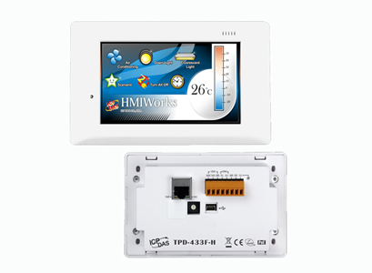 TPD-433F-H - 4.3' Touch HMI device with RS-485, RS-232 (3-pin), USB, RTC, Ethernet, and less-surface-exposed housing design by ICP DAS