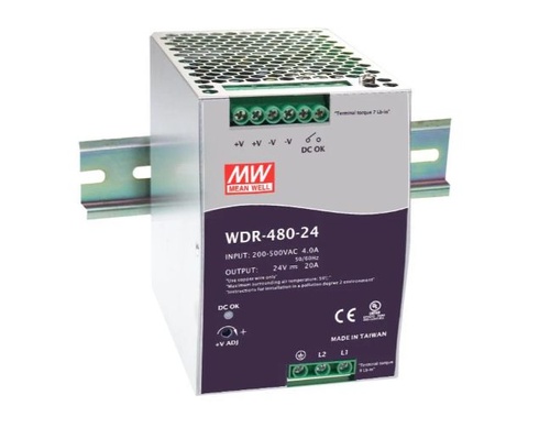 WDR-480-24 - AC/DC Industrial DIN rail power supply - Output 24VDC at 20A - metal case - Ultra wide input 180-550VAC for single by MEANWELL